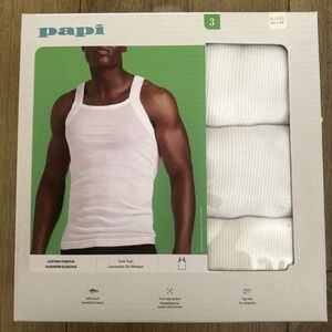 PAPI NEW 3 PACK MENS COTTON STRETCH SOFT TOUCH TAG FREE TANK TOPS  WHITE X-Large